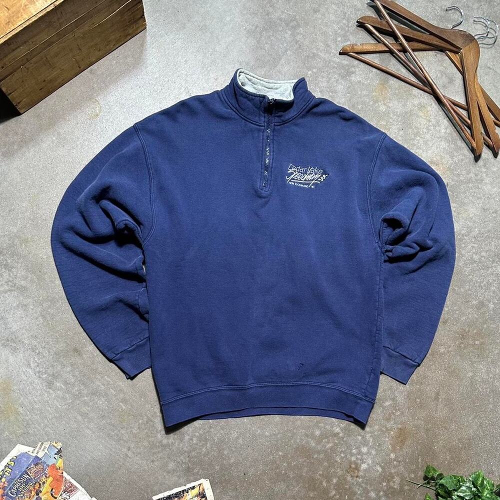 Vintage Y2K Cedar Lake Speedway 1/4 Zip Sweatshirt Mens XL Blue Racing Sweater